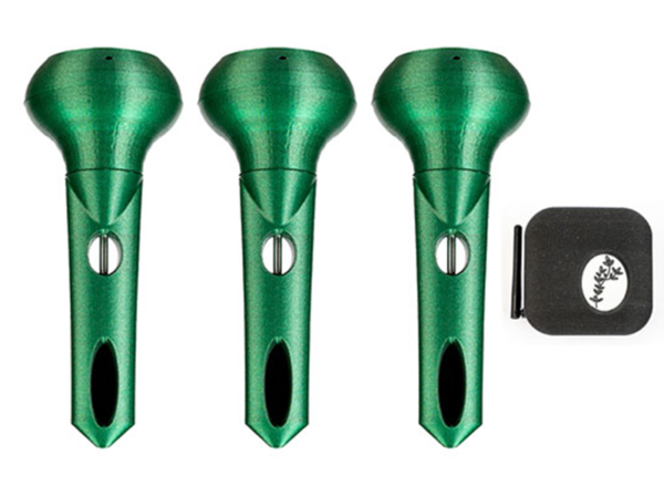 Three green nozzles and a black square Sensor add-on with a small emblem, arranged against a white background.