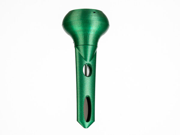 Green, metallic Sensor add-on with a conical top and an elongated handle, featuring an oval opening and a circular hole near the base, set against a white background.